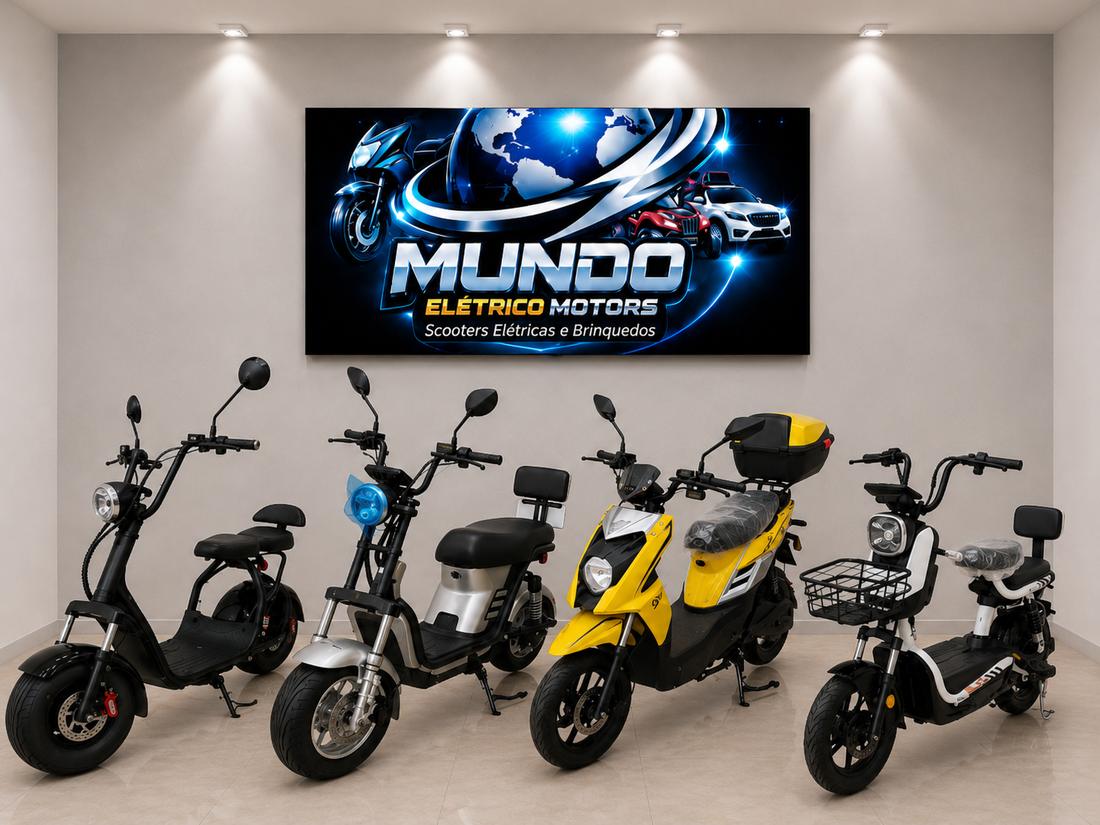 Scooters elétricas de várias cores na loja Mundo Elétrico