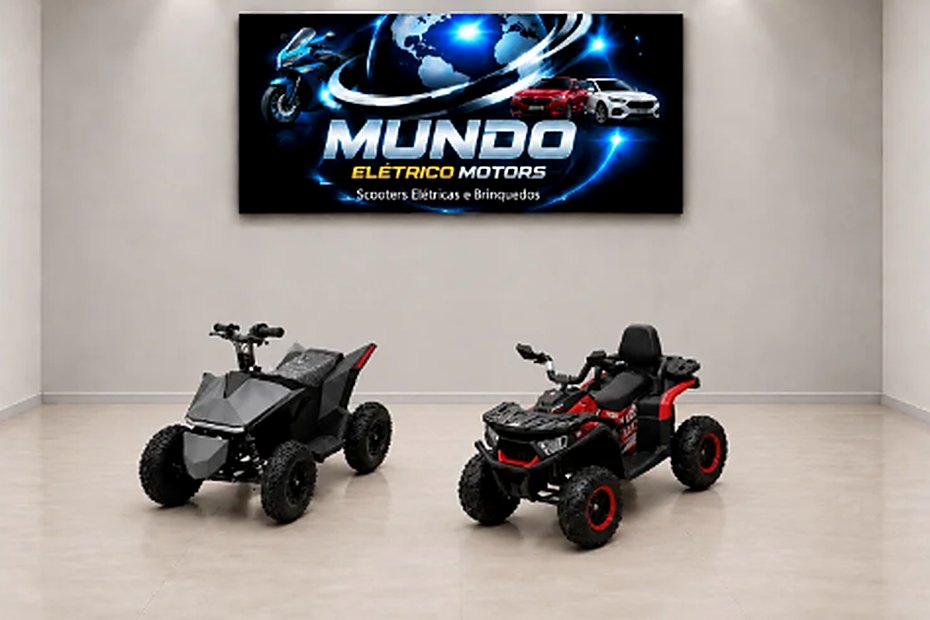 Dois quadriciclos elétricos infantis, um cinza e um vermelho, na loja