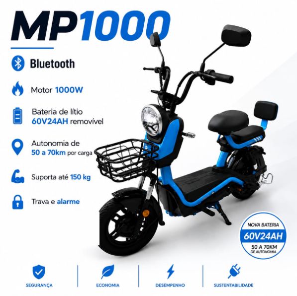Scooter elétrica MP1000 azul e preta com cesto